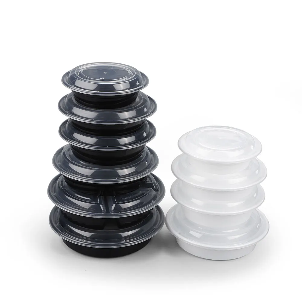 LR 48OZ Round Microwave Safe Disposable Plastic Food Container Black Take Out Meal Prep Plastic Box Food With Lids