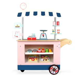 Unisex Wooden Snack Car Pretend Play Shopping Groceries Kitchen Cash Register Supermarket Educational Learning Toys for Kids