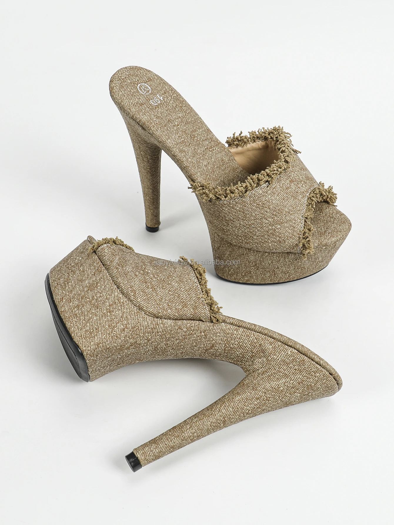 New Arrival Casual 15 cm High Open Toe Heel Shoes for Girls Fashionable  Denim PU Insole High Top Sexy Slip-Resistant Slippers