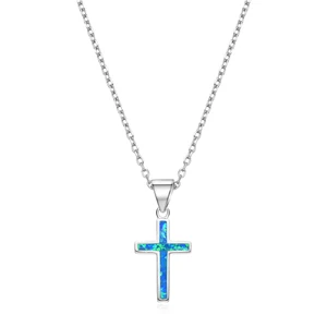925 Silver Color Fire Blue Opal Female Fashion Design Sacred Cross Trendy Wedding Engagement Jewelry Pendant Necklace