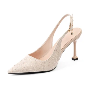 Stylish Summer Beige Textured Fabric Slip-On Pumps with Pointed Toe Stiletto Heel Gold Buckle and Rhinestone Charm
