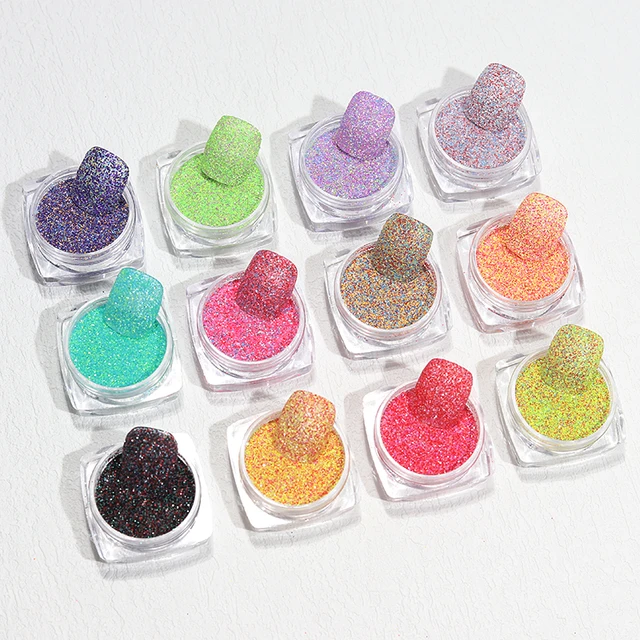 Hot Sale Factory 12 colors  Flash Reflective Nail Powder Holographic Diamond Chrome Manicure Glitter Pigment