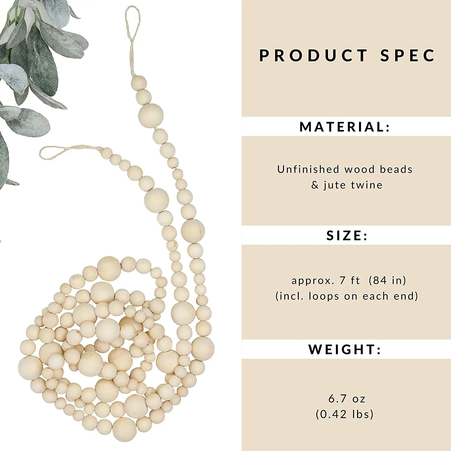 20-Foot Wood Bead Garland – Rustic Farmhouse Christmas Decor, Boho Natural Prayer Beads For Tree & Wall