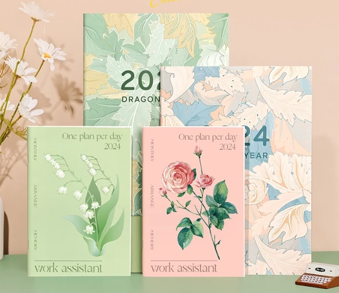 Creative 2024 Flower Series Work Month Planner Book Time Management Punch Card Book Efficiency Notebook