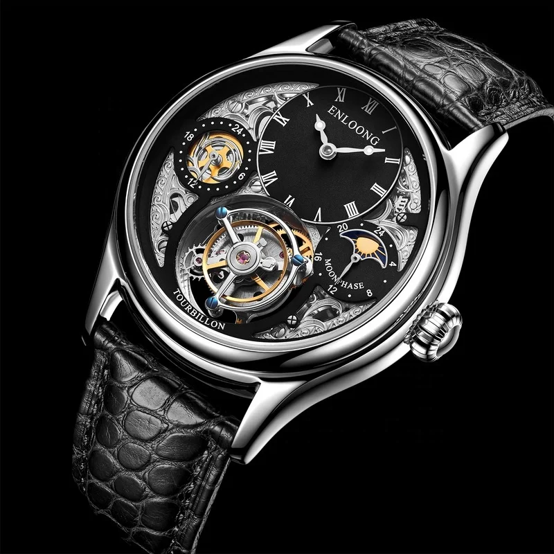 
2020 ENLOONG Real Luxury Skeleton Flying Tourbillon Watches with GMT Mechanical Wrist Watch Men Blue OEM Watch Titanium 