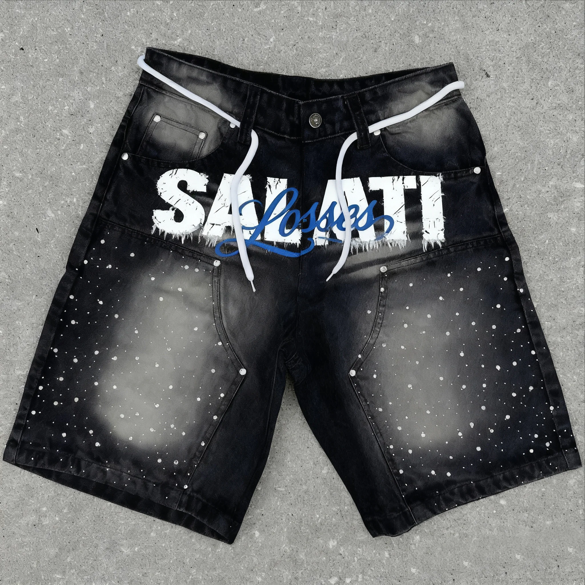 Custom Streetwear Denim Shorts Distressed Embroidery Patch Rhinestone Flared Jorts Jeans Shorts Men gallery 3