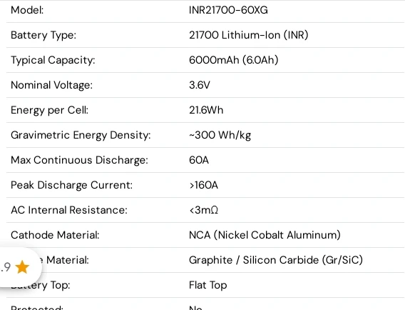 TENPOWER 60XG 21700 6000mAh 60A Battery 3.6V for Battery Pack
