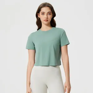 Summer Women's Lightweight Breathable Fitness Clothing O Neck Quick Drying Yoga Top with Loose Short Sleeves