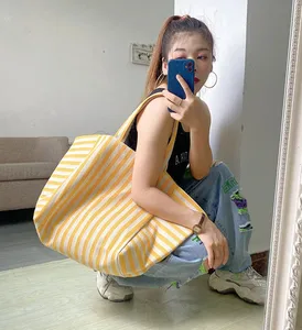 Kalanta Bolsas De Cotton Para Compras Shopping Beach Bags Women's Tote with Logos Oversize Stripes Hand Bag Ladies Reusable