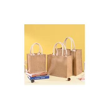 Custom Portable Jute Linen Shopping Bag with Pocket Hand-held Gift Bag Featuring Corporate Advertising Logo Factory Direct