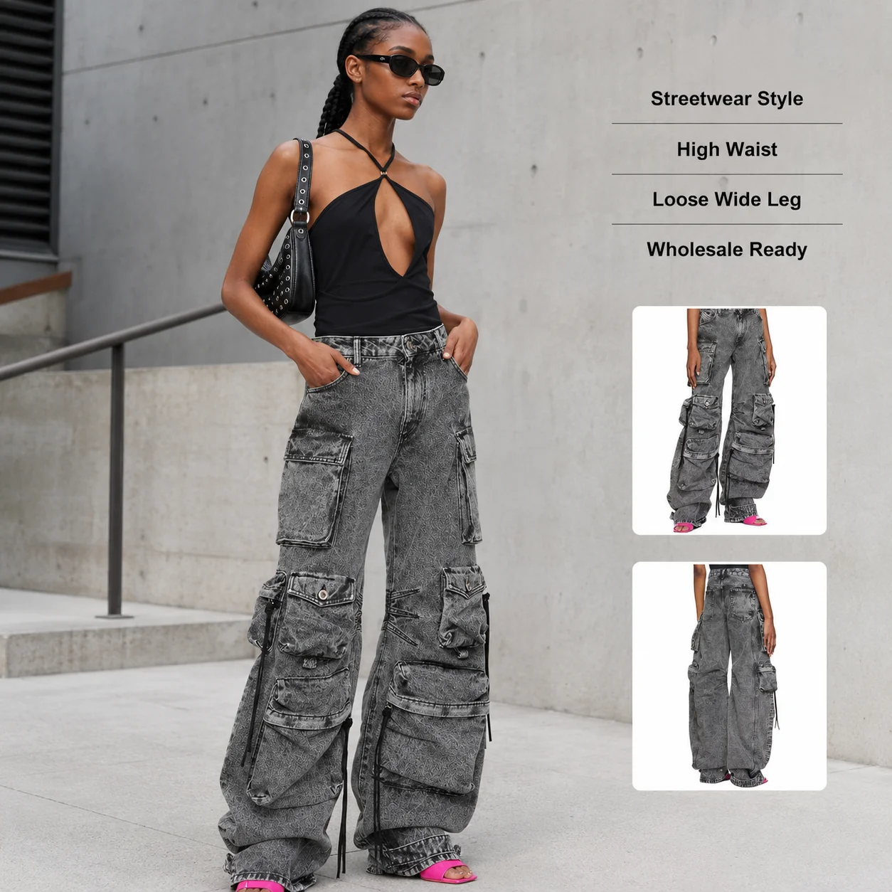 Custom Logo Women's Denim Skinny Jeans High Waist Multi-pocket Design Streetwear Light Wash Pencil Pants Wholesale