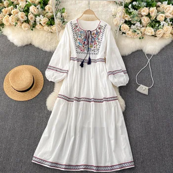 Bohemia Vintage Embroidery Tassel Tie Round Neck Loose Large Women's National Style Dress