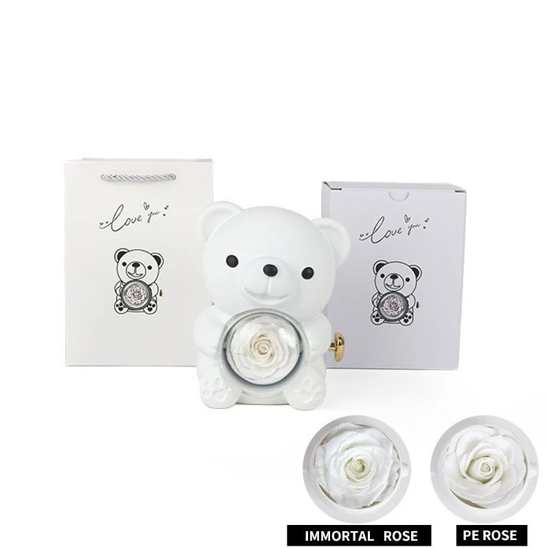 Custom Teddy Bear Gift Rotating Flower Preserved Rose in Acrylic Cute Bear Jewelry Boxes for Necklace Ring