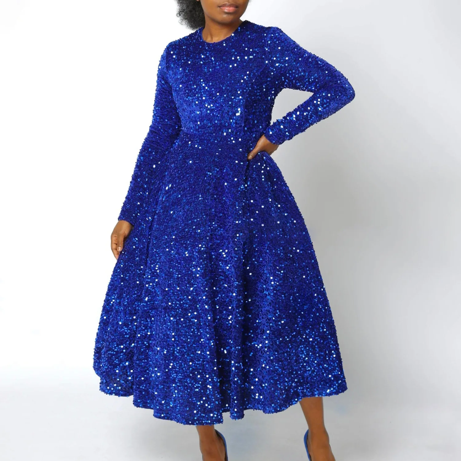 Elegant Fit and Flare Matching Lady Party French Women Dress Long Sleeve High Quality Sequin Dress Long Royal Blue Sequin Dress
