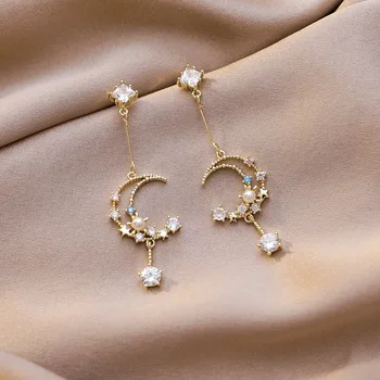 New Arrival Vintage Rhinestone Sweet Moon Tassel Zircon Color Drop Earrings For Women Water Drop Crystal Pendant Jewelry