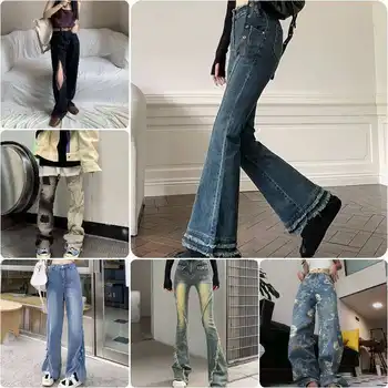 Customized Women's Cotton Straight Jeans Flared Leg Raw Edge Boyfriend High Waist Jeans