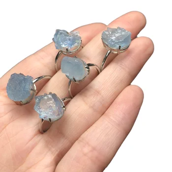 Wholesale Aquamarine Rough Stone Ring With Copper Setting Crystal Rings Fashionable Natural Aquamarine Ring for Women and Men