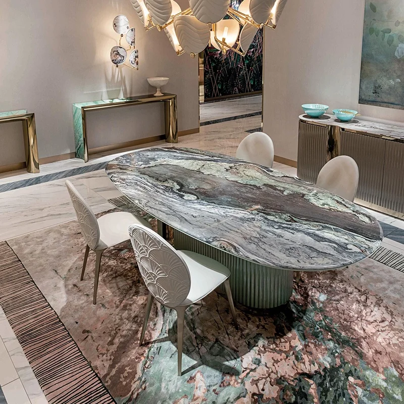 High End Designer Leonardo Light Green Italian Luxury Villa Natura Oval Marble Pandora Granite Dining Table