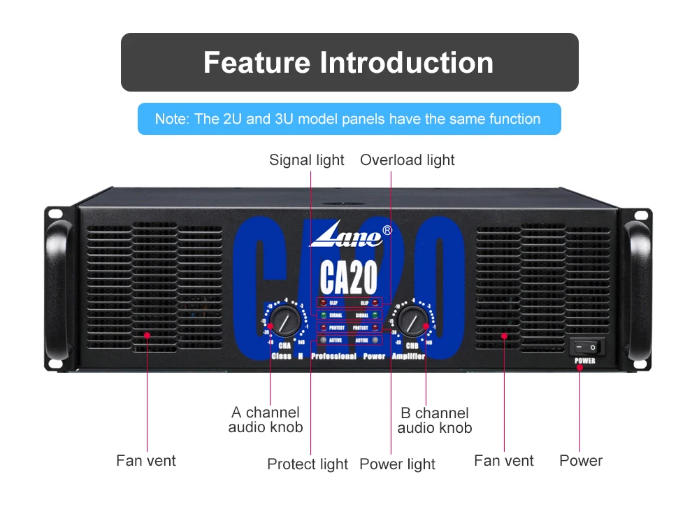 Lane CA20 Sound System Audio  300 Watt Power Professional Amplifier Audio Stereo  Class h Circuit Power Amplifier Ca20
