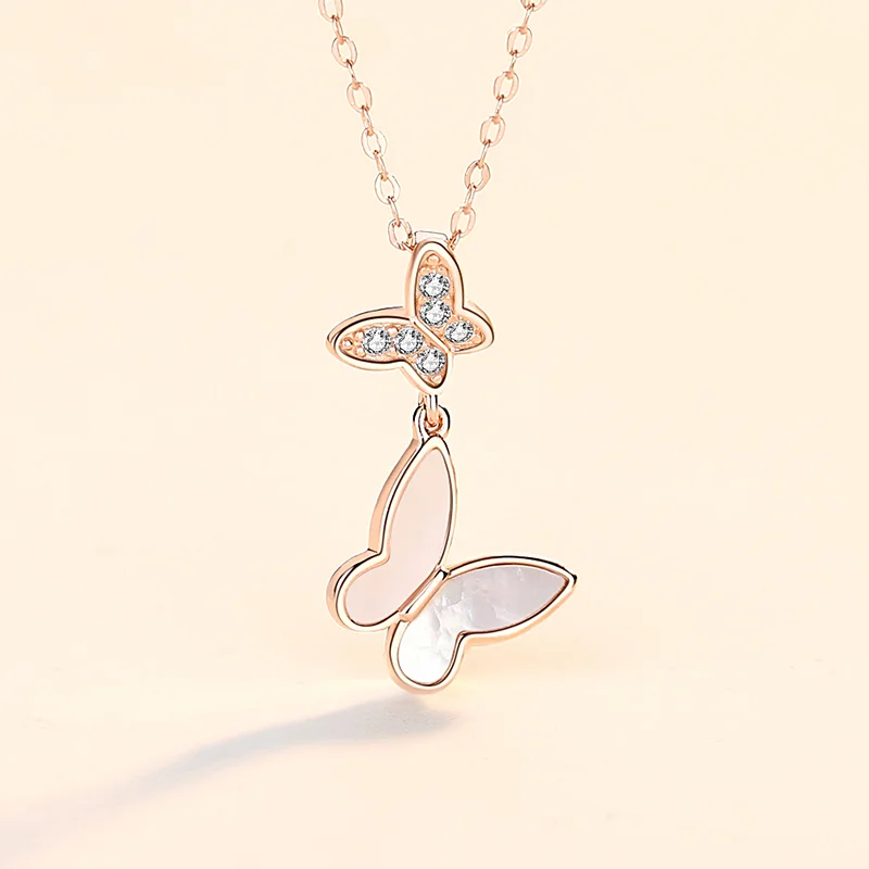 Wholesale necklace jewelry dainty sterling silver pendant cubic zirconia shell butterfly necklace
