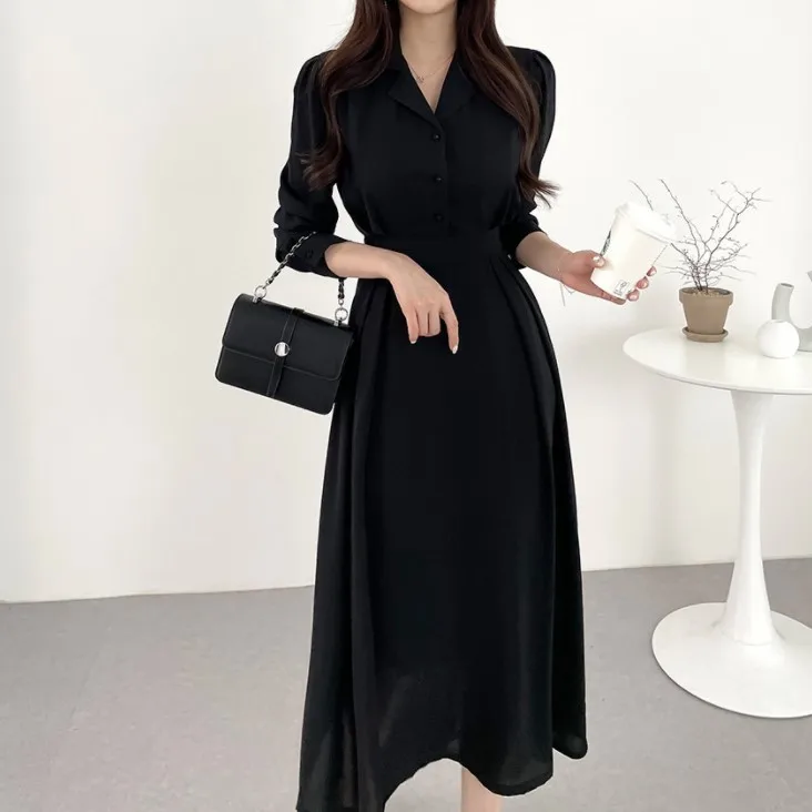 New Fashion Lady Korean Style One Piece Dress Long Sleeve Single Breasted Shirt Dress Women