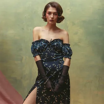 women clothing lady elegant stylish sexy club party dress high slit off shoulder short puff sleeve floral print dress