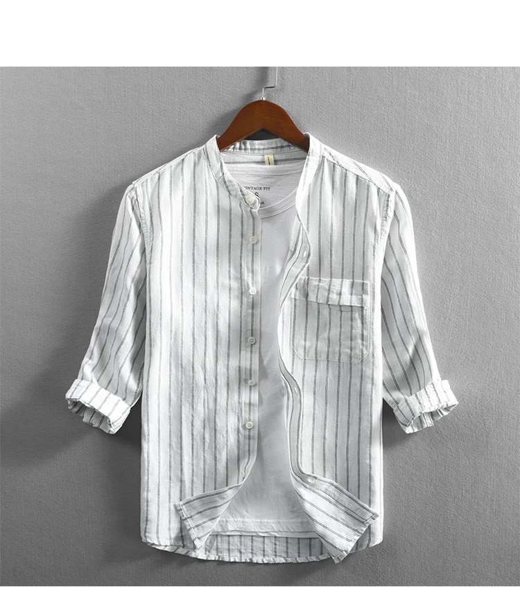 Summer men's casual linen shirt seven-point sleeve stripe stand collar thin Chinese style yarn-dyed cotton and linen youth shirt