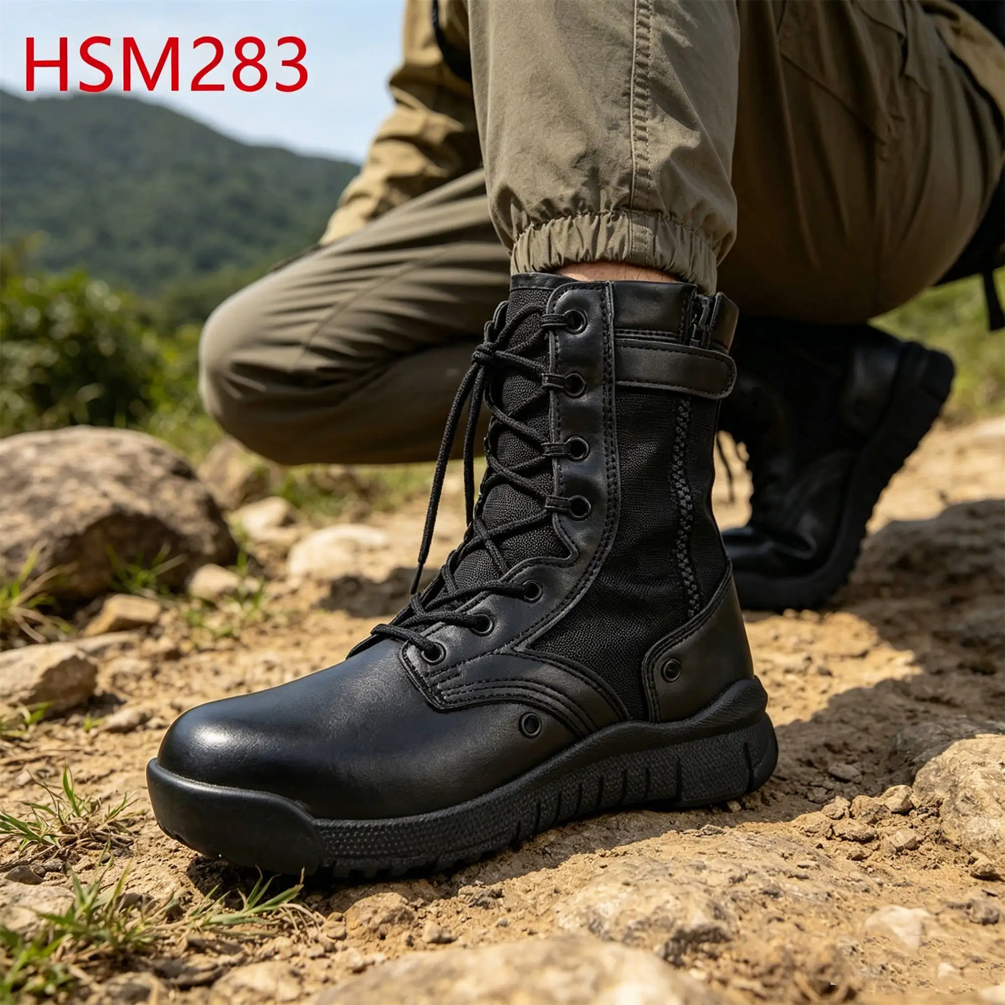 ZYF,Obstacle Training Quality PU Leather Black Combat Boots with Side Zip Factory Price Durable PU Outsole Tactical Boots HSM283
