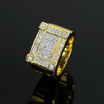 Trendy American and European Style Hip hop Ring Full Diamond Men Ring gold color brass Zircon Band Vintage Ring Square