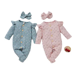 2022 Autumn Baby Girls Cute Romper 2pcs Flowers Printed Ruffles Long Sleeve Newborn Jumpsuit with Hairband