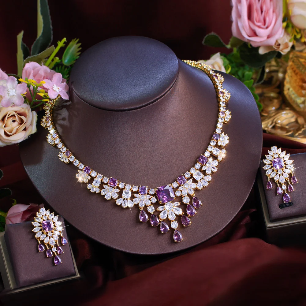 Luxury Purple and White Cubic Zirconia Big Necklace Earrings