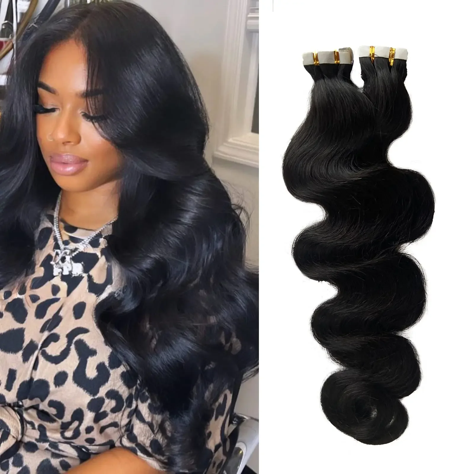 Body Wave Tape In Haarverlängerungen brasilianisches Echthaar natürliche Farbe doppelseitiges Klebeband Remy Haar_voghion.com
