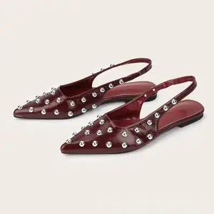 BUSY GIRL CXX248 Black Green Pointed Flat Rivet Fashion All-match French Style One-strap Women's Outdoor Slingback Sandals