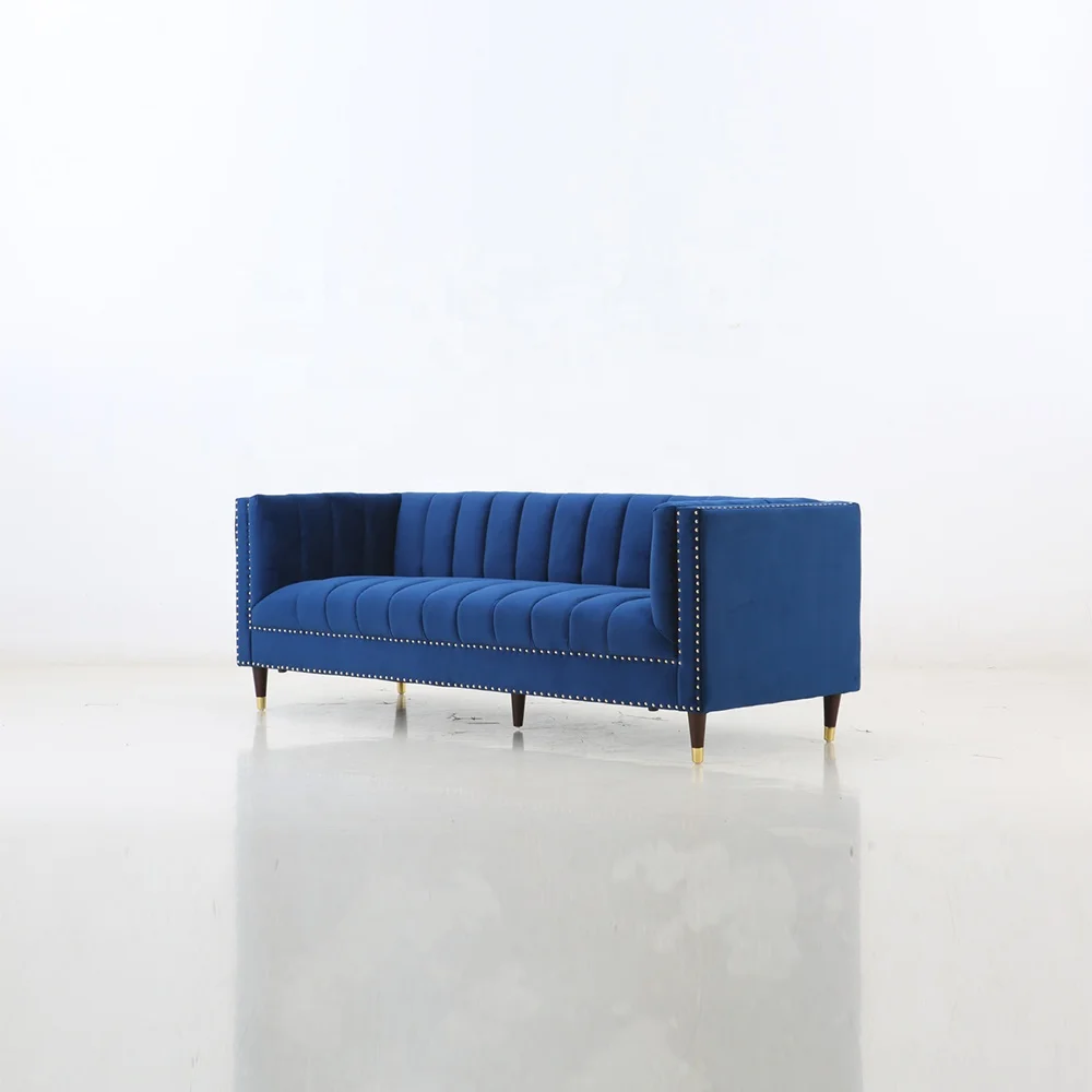 Bilik Tinggal 3 Penyelia Chesterfield Petrol Royal Dark Navy Light Blue Velvet Couch Moden Tuxedo Saluran Menegak Sofa Berlubang