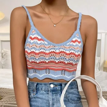 Europe and the United States short color contrast striped chest Amazon summer wear knitted spice girl halter vest
