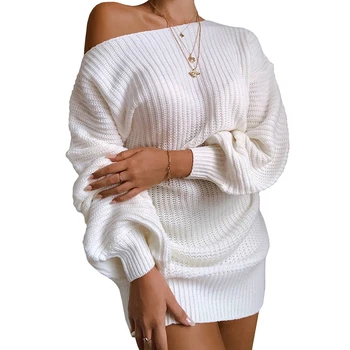 Women's Casual Loose Long Lantern Sleeve Sexy White Off Shoulder Sweater Dress