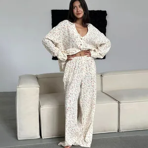100% Cotton Cardigan Pajama Set Women Winter Long Sleeved Pants Pajamas Loose Home Clothing Wholesale Bulk Order OEM Custom Logo
