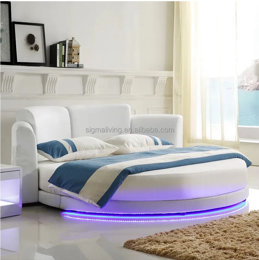 White round platform bed faux leather led light upholstered bed