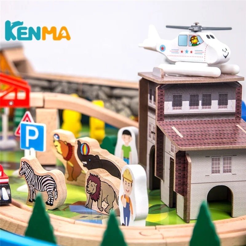 2023 Wooden Toy Train Table Set KENMA Railway Car Track Slot Toys