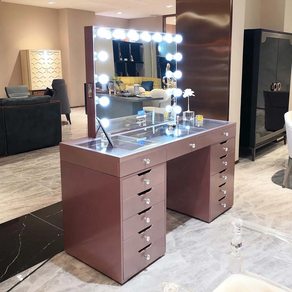 Rose Gold Modern Wood Dressing Table Vanity With Lighted Mirror And Led Speaker California King Size Bedroom Furniture