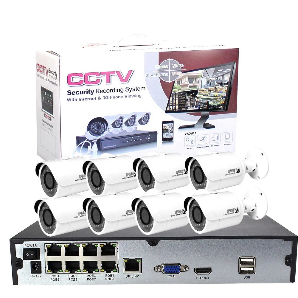8Ch 1080P 2MP PoE Monitor Line IP Camera NVR Kit with Night Vision and Waterproof Surveillance Camera System