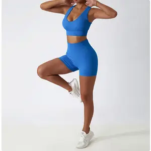 Seamless Ribbed Yoga Workout Short Set Sportswear Fitness Workout Gym Clothing Activewear Suit Fitness Apparel