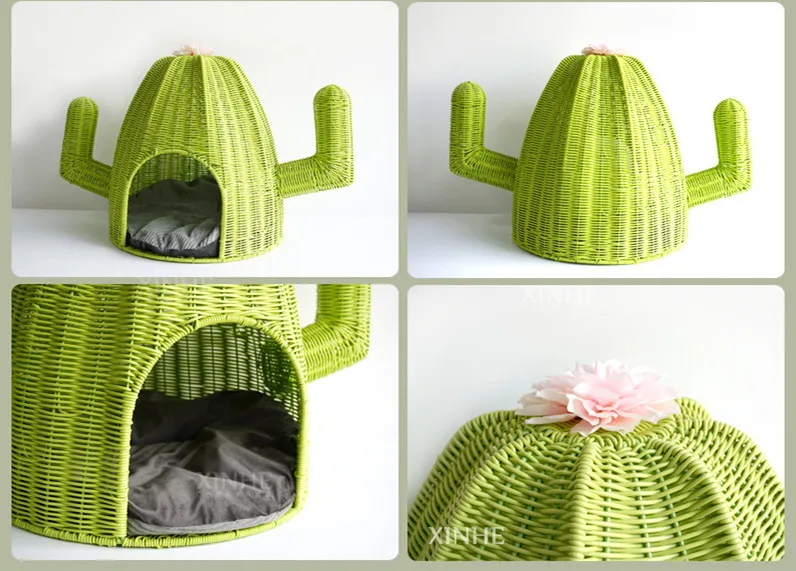 XH Novelty Plastic Rattan Resin Wicker Handmade Woven Dog Furniture Cactus Shape Pet  Basket House Cat Bed