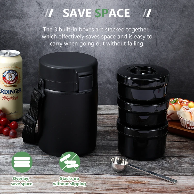 3 Layer Stackable Lunch Box With Compartments for Hot Food, Bento Box for Adult With Thermos