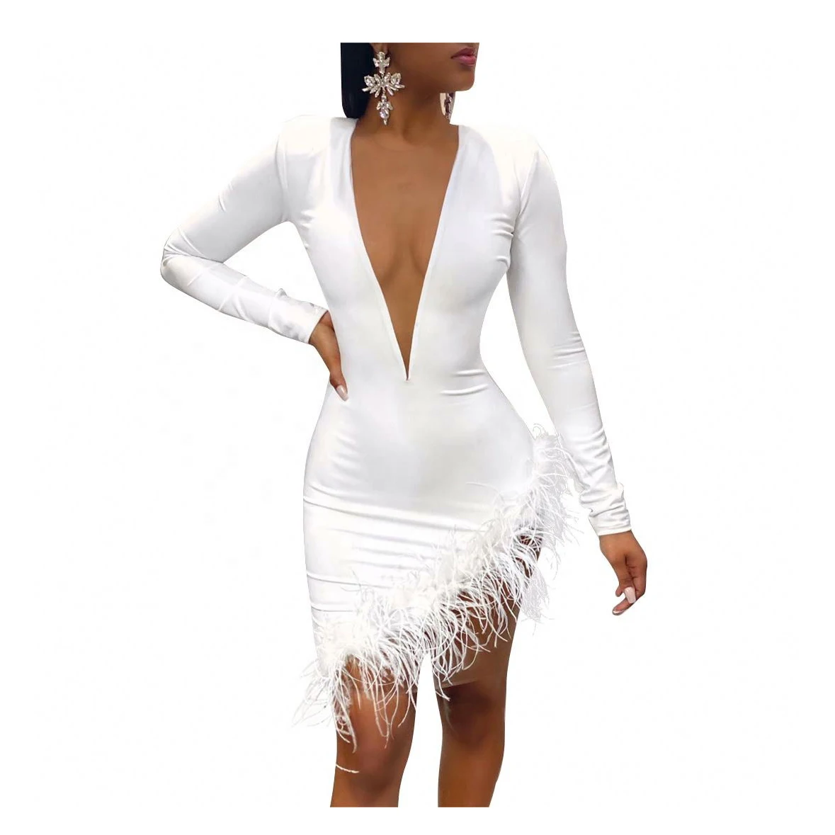 mesh inserted embellished mini dress Elegant White Mesh Inserted Embellished Mini Dress Women Glam Feather  Patchwork Hollow Out Sequin New Year Party Dress