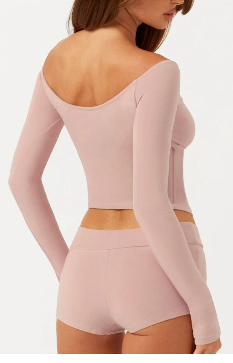 Womens Off Shoulder Yoga Set Long Sleeve Crop High Waist Leggings Quick Dry Breathable Fitness Outfit — detail