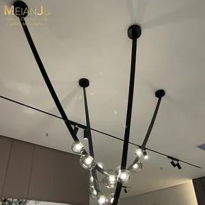 Art Nouveau Style Home Theater Leather Chandelier Lamp with Frosted Pebble Glass and Stainless Steel Body for Hotels