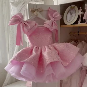 MQATZ Children's Princess Formal Solid Multi-Layered Satin Evening Dress for Girls Prom Party Knee-Length Ruffles Summer