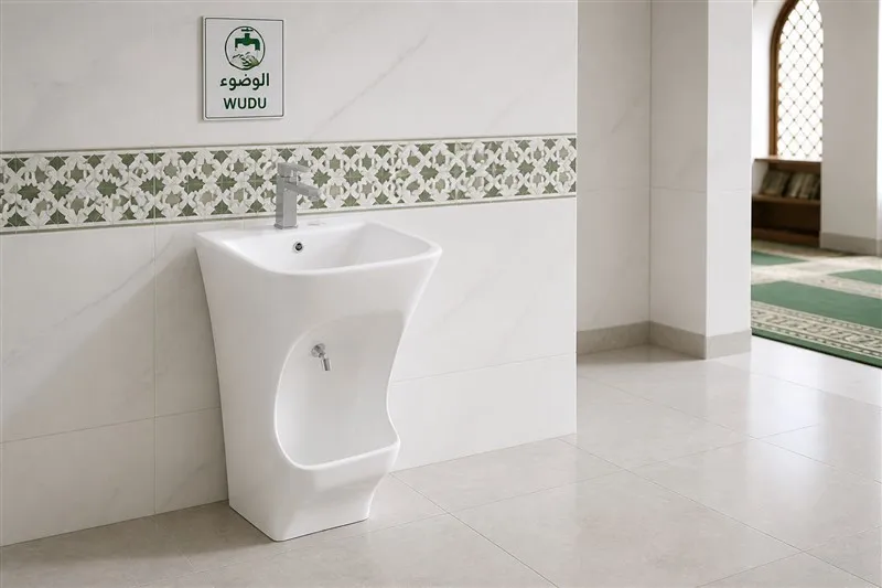 info-1-1 White ceramic wudu basin in a clean functional mosque washroom