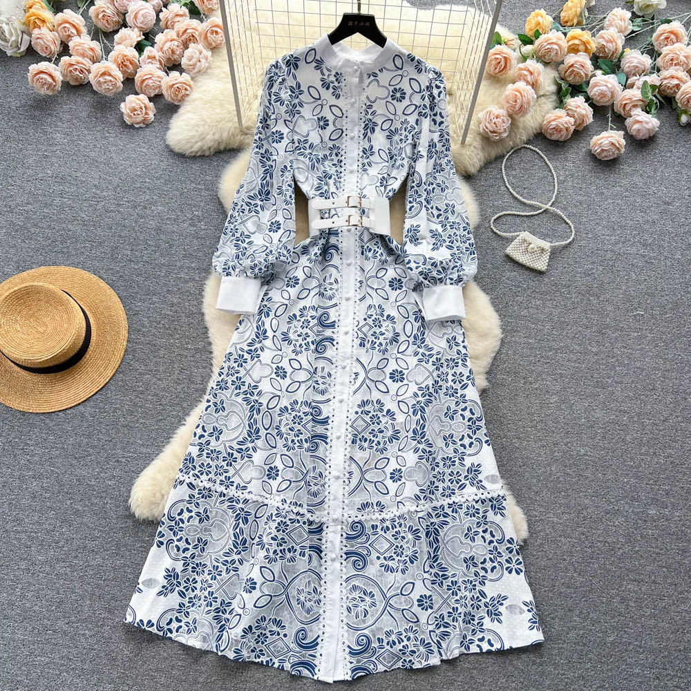 LE2568 Women's Sweet Style Boutique Lace Maxi Dress Autumn Lantern Long  Sleeved Flower Hollow Embroidery Evening Natural